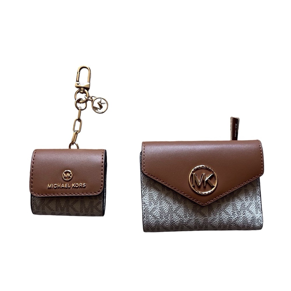 Michael Kors Trifold Wallet and AirPod Case Tan and White Signature Leather